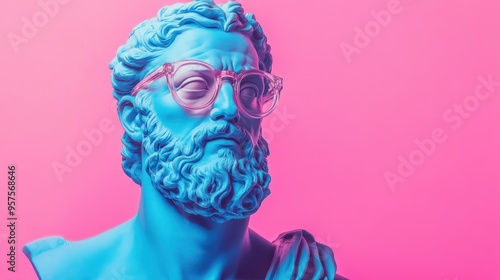 Greek blue bust with brutal god Zeus wearing rose colored glasses on pink pastel background with copy space. photo