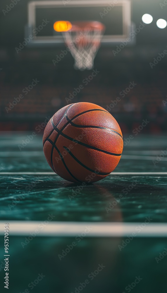 Dynamic basketball scene featuring a ball aiming for the hoop on a stadium court Dynamic basketball scene featuring a ball aiming for the hoop on a stadium court