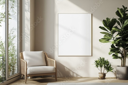 Poster Frame in Beige minimalist living room interior created with generative AI