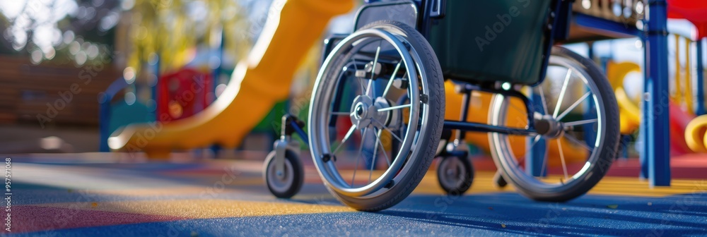 Fototapeta premium Close-up of wheelchair-friendly inclusive playground equipment designed for children with mobility challenges.