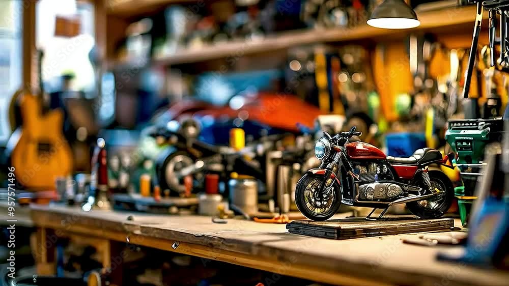 a motorcycle and other items on a workbench a motorcycle and other items on a workbench
