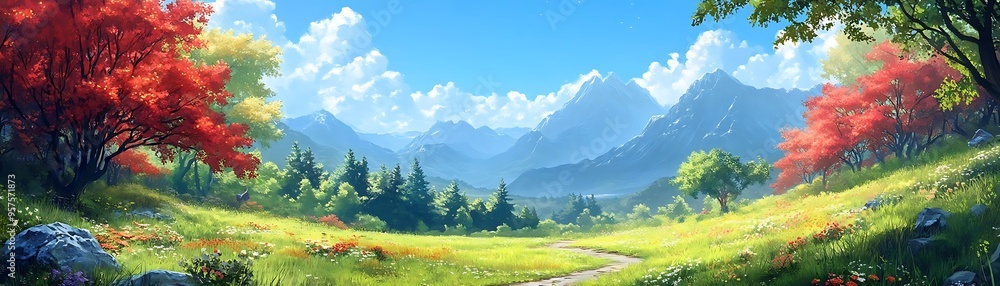 Mountain Meadow Illustration with Red and Green Trees Mountain Meadow Illustration with Red and Green Trees
