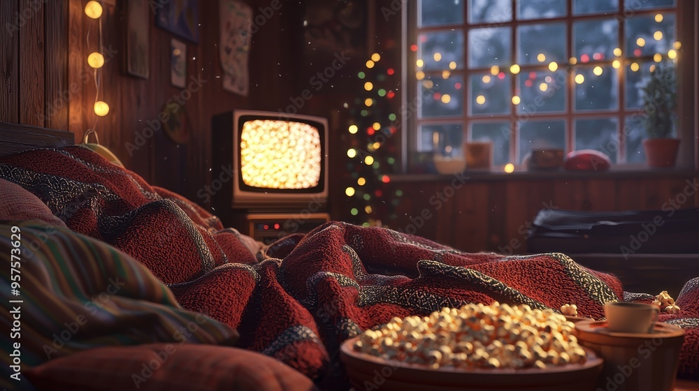 Cozy Winter Night with a Blanket Popcorn and a Vintage TV Cozy Winter Night with a Blanket Popcorn and a Vintage TV