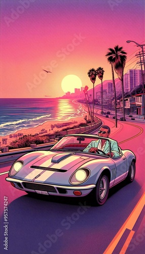 Classic Sports Car on Coastal Highway at Sunset in Vice City 1980s Pastel Suit Driver Cruising Along Beachside with Palm Trees and Luxury Homes photo