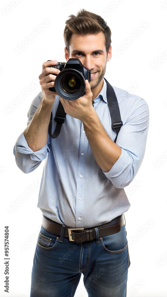 Photographer with camera. Professional photographer holds a camera ready to take a picture, white background. Professional photo shoot. Photographer with camera. Professional photographer holds a camera ready to take a picture, white background. Professional photo shoot.