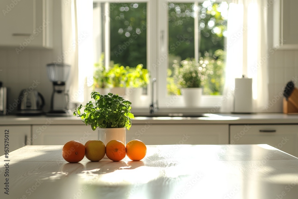 A row of oranges on a white kitchen table with a potted plant in the foreground and a window with a blurred view of a garden behind. A row of oranges on a white kitchen table with a potted plant in the foreground and a window with a blurred view of a garden behind.