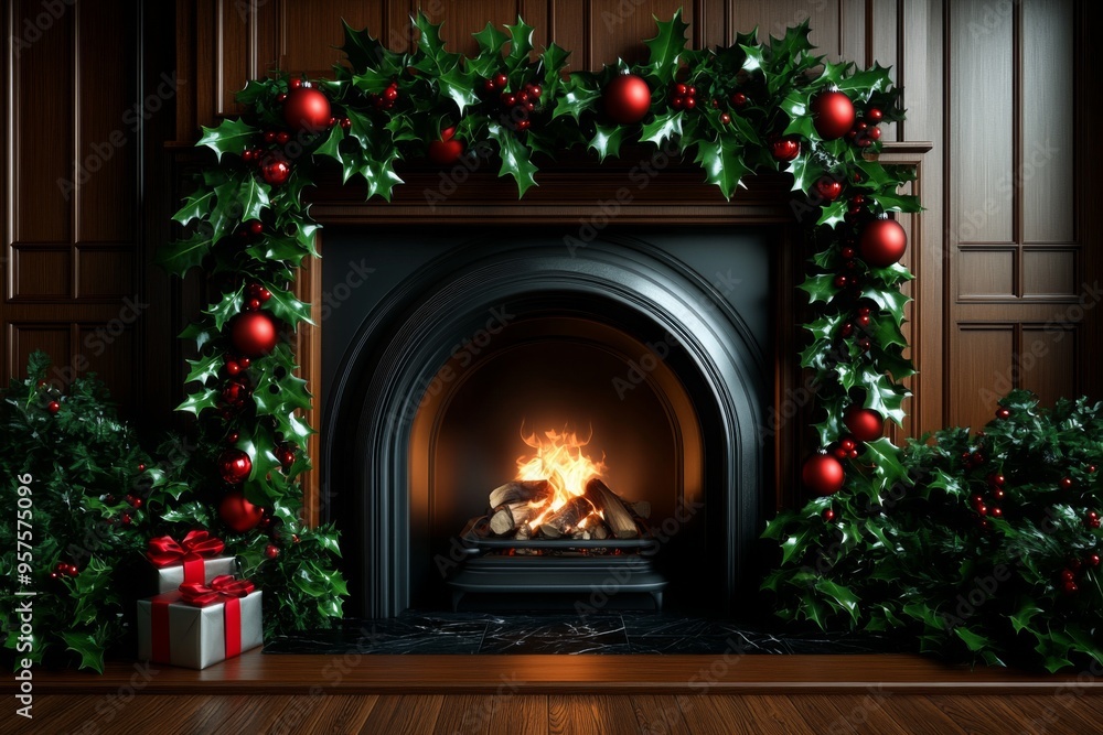Holly and ivy in a traditional holiday scene with a roaring fireplace, depicted in an artwork where a traditional holiday scene features a roaring fireplace, with holly and ivy garlands adorning Holly and ivy in a traditional holiday scene with a roaring fireplace, depicted in an artwork where a traditional holiday scene features a roaring fireplace, with holly and ivy garlands adorning