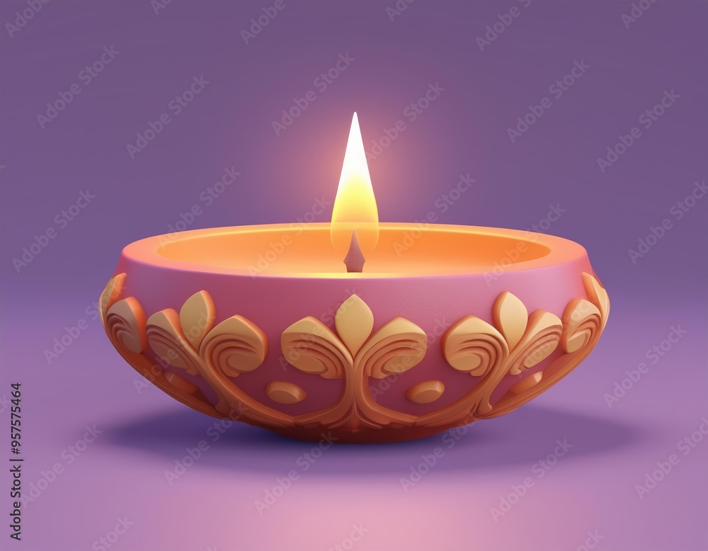 3D decorated diya with a lit candle 3D decorated diya with a lit candle
