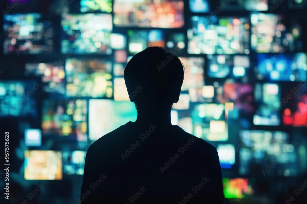 Silhouette of a person against an abstract background of multiple screens showcasing digital media Silhouette of a person against an abstract background of multiple screens showcasing digital media