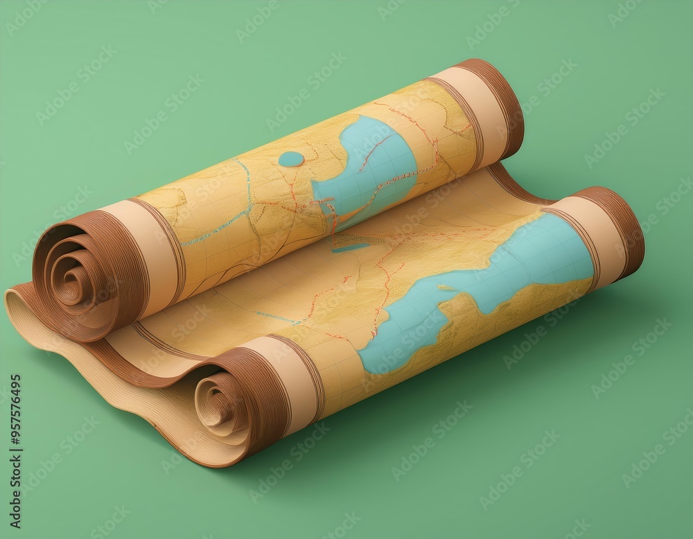 3D partially unrolled map with an outline of a coastline 3D partially unrolled map with an outline of a coastline