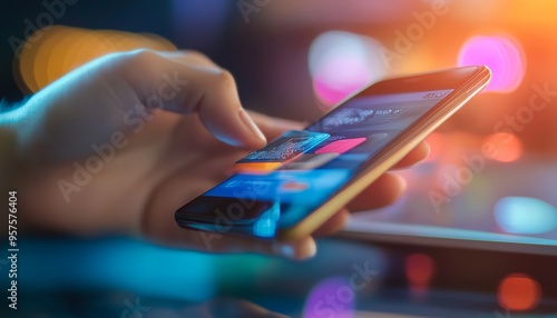 Close up of hands engaged in online shopping and banking using a smartphone for payments