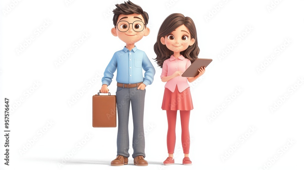A cheerful couple in a modern design, the man holding a briefcase and the woman with a tablet, ready for business. A cheerful couple in a modern design, the man holding a briefcase and the woman with a tablet, ready for business.