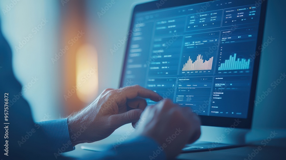 A close-up of a person analyzing data on a laptop screen, showcasing various graphs and analytics for business insights. A close-up of a person analyzing data on a laptop screen, showcasing various graphs and analytics for business insights.