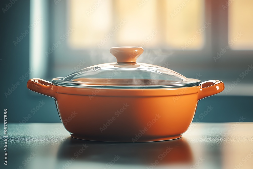 Orange Pot with Glass Lid and Steam on Countertop Orange Pot with Glass Lid and Steam on Countertop
