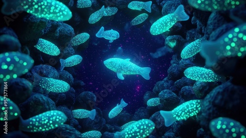 A mesmerizing underwater scene featuring glowing fish in a vibrant aquatic environment, showcasing rich colors and unique patterns.