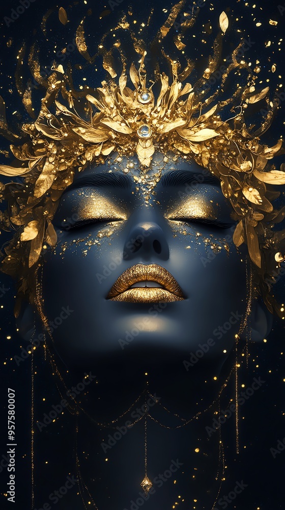 A woman with golden makeup and a crown of leaves. A woman with golden makeup and a crown of leaves.