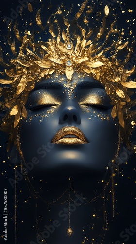 A woman with golden makeup and a crown of leaves.