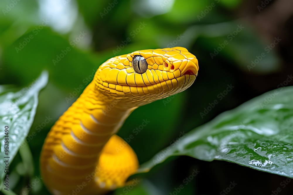 Snake Cobra, Yellow, and Forest depicted in a vibrant forest where a yellow cobra stands out against the green foliage, its body coiled and ready to strike