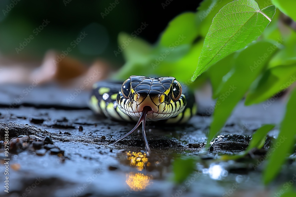 Snake Night, Camouflage, and Danger shown in a nighttime scene where a snake’s camouflage makes it almost invisible, its presence revealed only by the faint sound of its movement Snake Night, Camouflage, and Danger shown in a nighttime scene where a snake’s camouflage makes it almost invisible, its presence revealed only by the faint sound of its movement