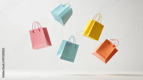 Colorful shopping bags and boxes floating in the air, symbolizing online shopping, retail therapy, and sales excitement on a white background. photo