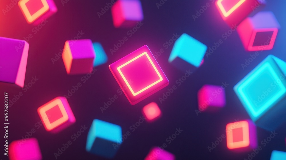 Colorful neon cubes float in a vibrant digital space, creating a dynamic and energetic atmosphere for modern designs. Colorful neon cubes float in a vibrant digital space, creating a dynamic and energetic atmosphere for modern designs.