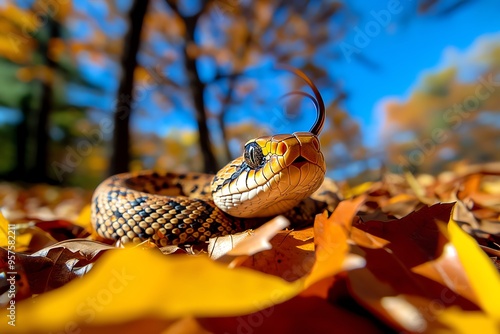 Snake Rattlesnake, Brown, and Forest shown in a forest where a brown rattlesnake lies coiled among the fallen leaves, its rattle hidden but ready to warn off any potential threats photo