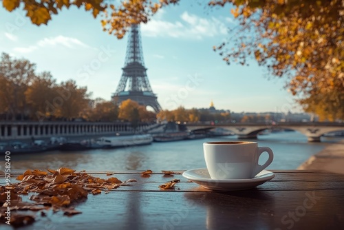 Charming coffee scene with eiffel tower in background, perfect for travel and lifestyle photography photo