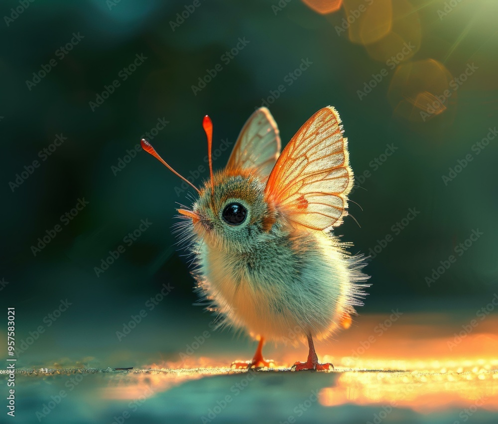 Fototapeta premium A fluffy creature with wings and large eyes. AI.