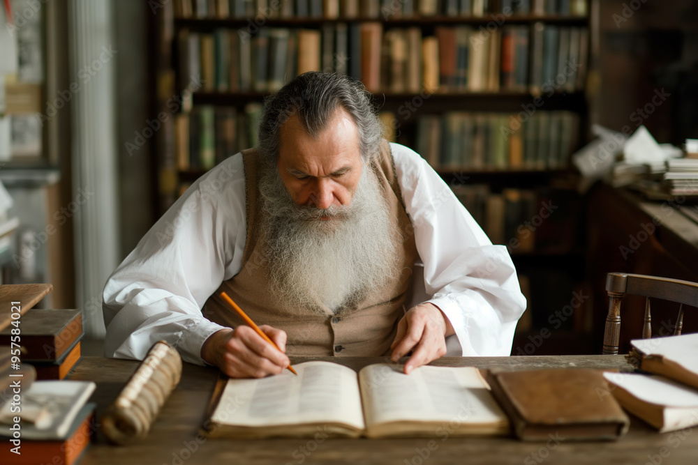 Old man with a long white beard is seated at a desk, writing with a quill pen. The room has a rustic charm with a wall as library of books. Copy space, 16:9 Old man with a long white beard is seated at a desk, writing with a quill pen. The room has a rustic charm with a wall as library of books. Copy space, 16:9