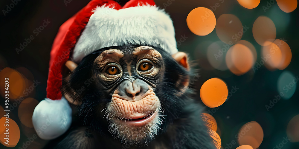 Cute chimpanzee with Santa Claus hat, on blurred background Cute chimpanzee with Santa Claus hat, on blurred background