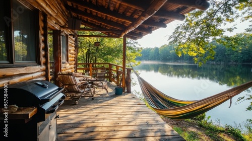 Cabin Porch with Hammock Overlooking Lake