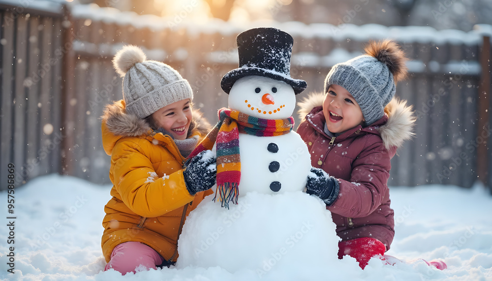 Kids building a snowman in a snowy backyard Kids building a snowman in a snowy backyard