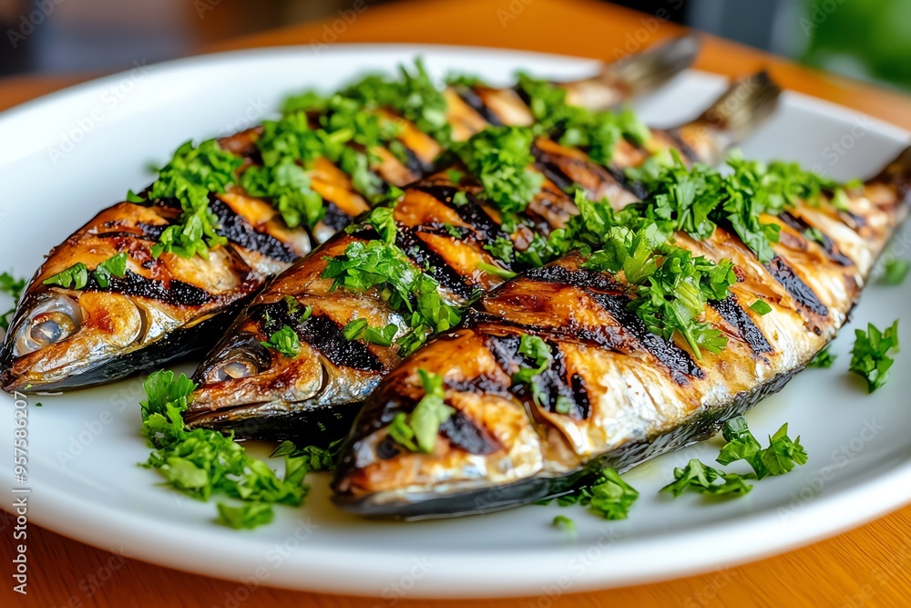 Tapas bite of grilled sardines with garlic and parsley, captured in a photo where fresh sardines are grilled to perfection, drizzled with garlic-infused olive oil, and garnished with chopped Tapas bite of grilled sardines with garlic and parsley, captured in a photo where fresh sardines are grilled to perfection, drizzled with garlic-infused olive oil, and garnished with chopped