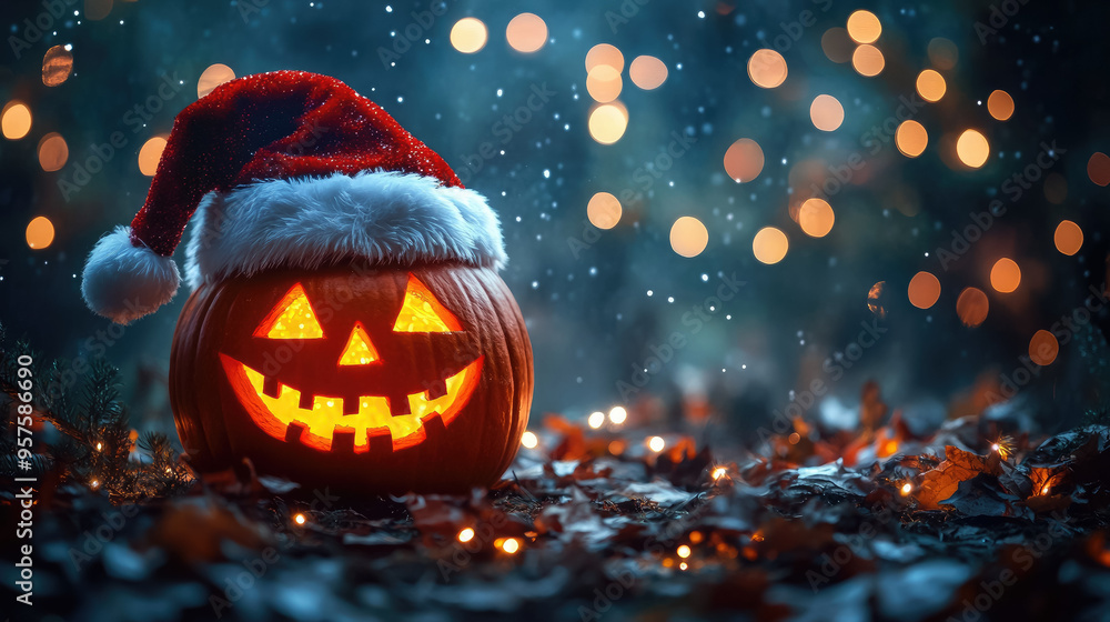 Naklejka premium Jack-o-lantern in Santa Claus hat on dark blurred background with lights, Halloween, Christmas, symbol, holiday, celebration, November, December, card, pumpkin, lantern, scary face, New Year, October