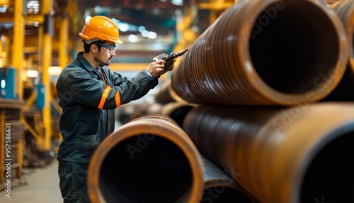 Quality control engineer examines steel pipe material in factory warehouse setting photo