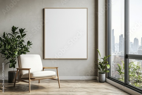 Poster Frame in Beige minimalist living room interior created with generative AI