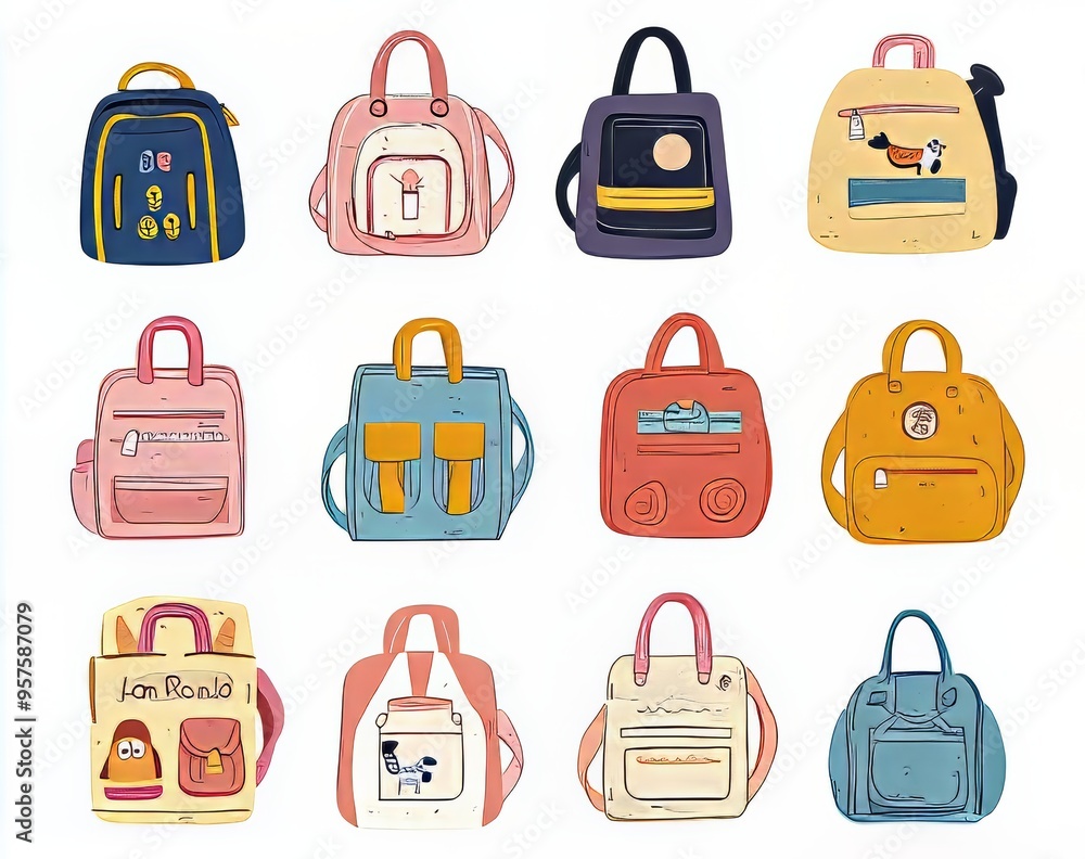 Colorful collection of cartoon-style backpacks in various designs. Colorful collection of cartoon-style backpacks in various designs.