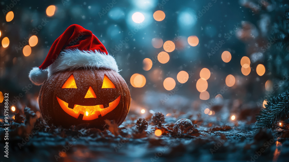 Naklejka premium Jack-o-lantern in Santa Claus hat on dark blurred background with lights, Halloween, Christmas, symbol, holiday, celebration, November, December, card, pumpkin, lantern, scary face, New Year, October
