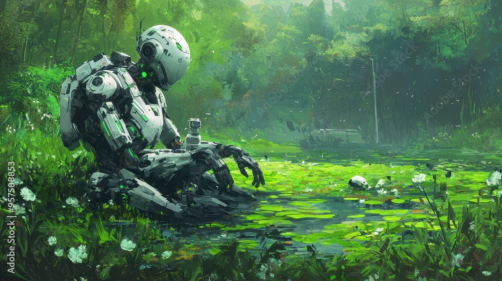 Futuristic Robot Contemplating Nature By Pond Futuristic Robot Contemplating Nature By Pond