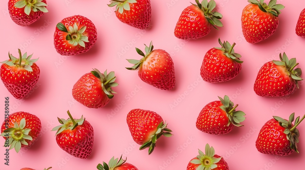 Fresh strawberries arranged on a pink background, highlighting their vibrant color and natural sheen in a modern, playful setting Fresh strawberries arranged on a pink background, highlighting their vibrant color and natural sheen in a modern, playful setting