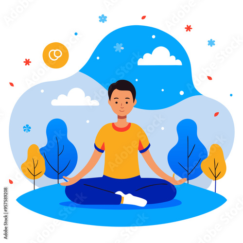 young man meditating peaceful in nature background with trees and clouds