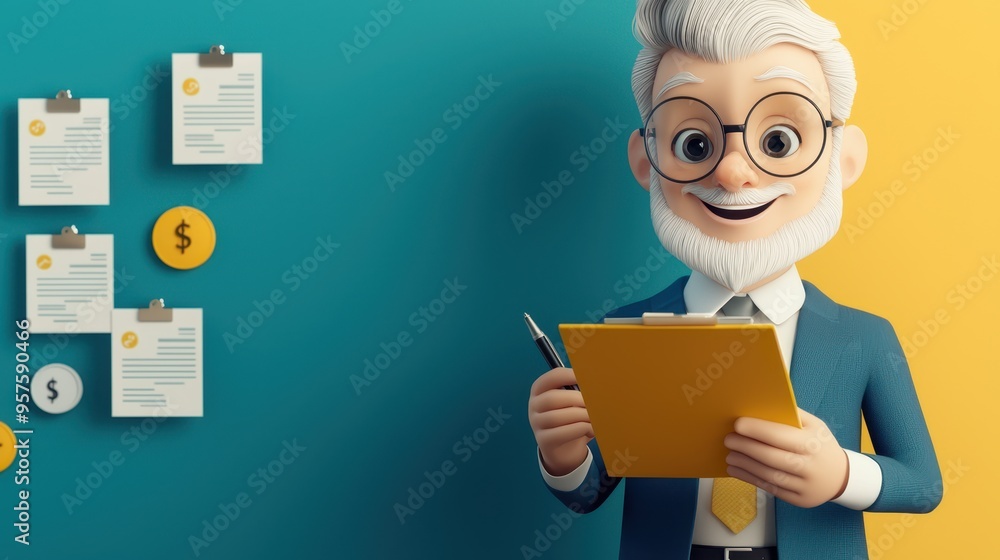 Cartoon Businessman Reviewing Documents and Smiling Cartoon Businessman Reviewing Documents and Smiling