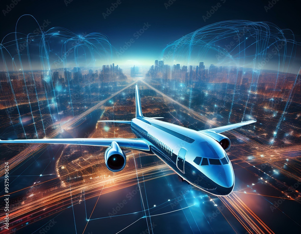 Fototapeta premium Futuristic Visualization of an Airliner with Digital Network Connectivity Over a Smart Cityscape