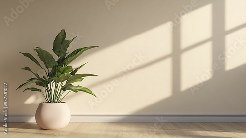 A simple and clean interior design featuring a potted plant on wooden flooring, with soft sunlight casting shadows on the wall, creating a peaceful minimalist atmosphere.