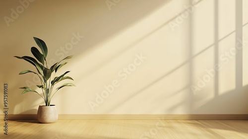 A minimalist room featuring a potted plant on wooden flooring, with warm sunlight casting window-shaped shadows on the wall, creating a peaceful and airy atmosphere.