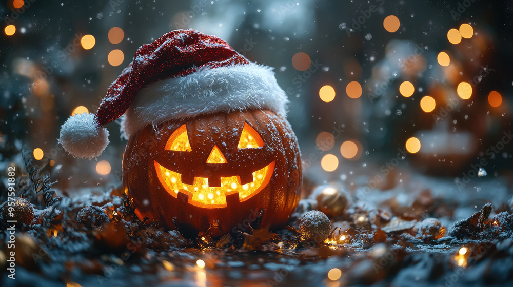 Naklejka premium Jack-o-lantern in Santa Claus hat on dark blurred background with lights, Halloween, Christmas, symbol, holiday, celebration, November, December, card, pumpkin, lantern, scary face, New Year, October