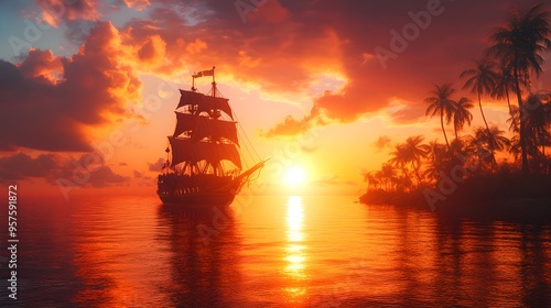 Pirate ship cruising into the sunset with warm colors reflecting on the sea wallpaper