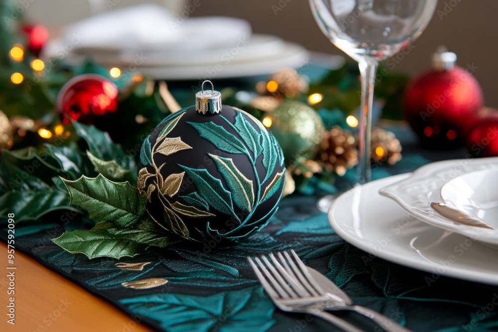 Holly and ivy table runner with elegant floral patterns, captured in a photo where a table runner features an intricate pattern of holly and ivy, woven into the fabric, creating an elegant setting Holly and ivy table runner with elegant floral patterns, captured in a photo where a table runner features an intricate pattern of holly and ivy, woven into the fabric, creating an elegant setting
