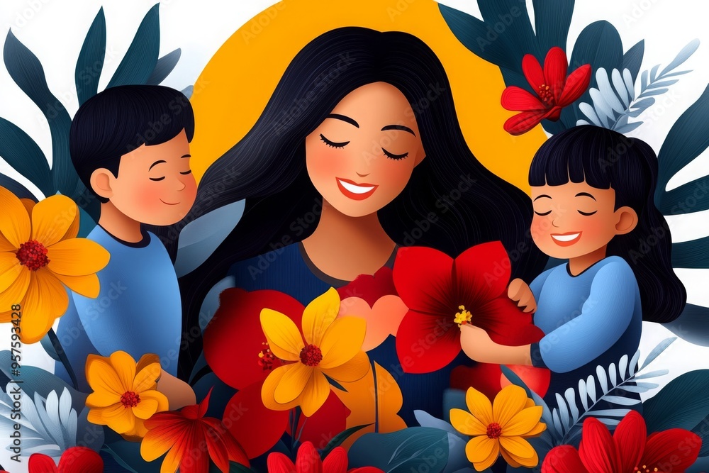 Mother's Day Flowers, Cards, and Handmade Gifts depicted in a bright and cheerful scene of children creating handmade cards and picking flowers for their mother Mother's Day Flowers, Cards, and Handmade Gifts depicted in a bright and cheerful scene of children creating handmade cards and picking flowers for their mother