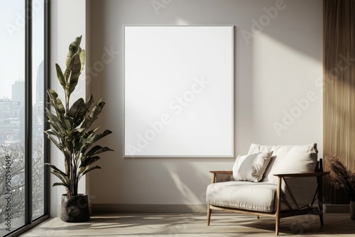 Poster Frame in Beige minimalist living room interior created with generative AI